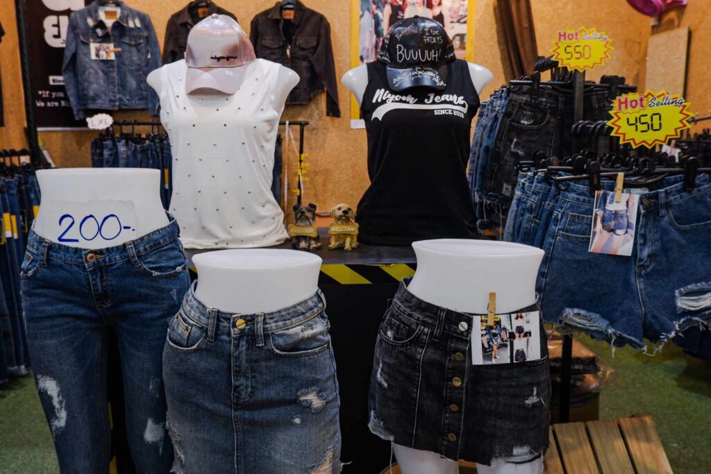 Jean shorts and skirts for the ladies for sale at Naka Night Market
