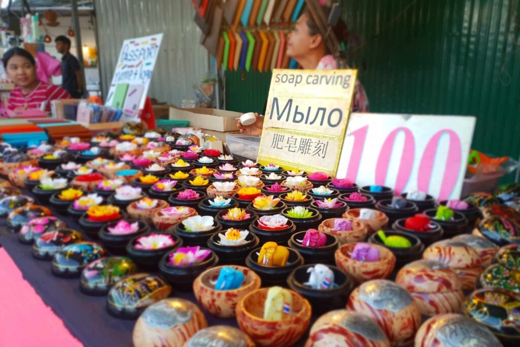 Variety of animal and flower shaped soaps from Naka Market, Phuket