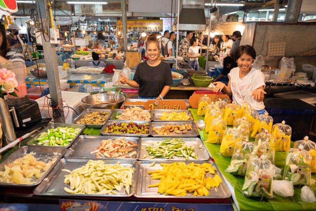Tasty papaya and mango salads available all day at Naka Weekend Market